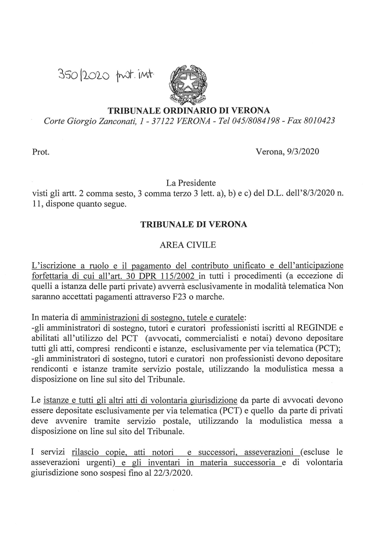 Provvedimento Presidente Tribunale di Verona del 9.10.2020 in tema di accesso alle cancellerie 
